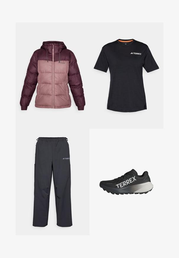 Columbia PIKE LAKE™ II INSULATED JACKET - Zimná bunda - moonvista/fig; Čierne tričko s krátkym rukávom a okrúhlym výstrihom, s jemnou melírovanou textúrou a bielym logom "TERREX" na hornej ľavej strane.; Čierne, ľahké outdoorové nohavice s elastickým pásom, bočnými vreckami a logom na hornej pravej nohe. Hladká, vodeodolná tkanina.; Čierne bežecké tenisky s textúrovaným zvrškom, výrazné biele logo "TERREX", zúžený dizajn podrážky a gradientný sivý akcent na päte.