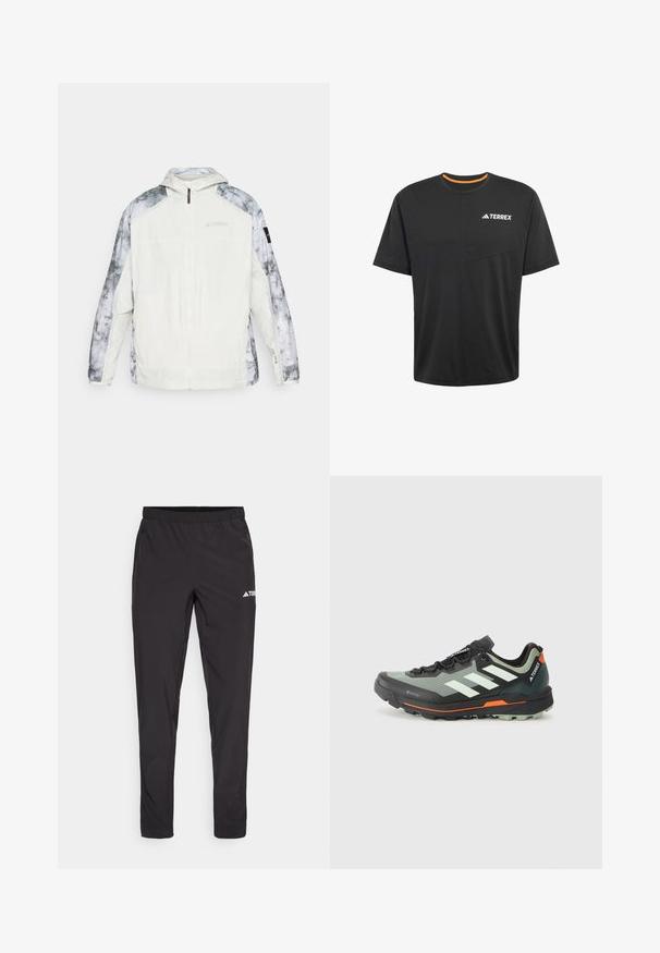 Giacca bianca leggera con maniche a motivo marmoreo grigio, chiusura frontale con zip, cappuccio regolabile e dettagli con marchio sul petto e sulle maniche.; T-shirt nera a maniche corte realizzata in tessuto leggero. Presenta un colletto arancione a contrasto e un logo "TERREX" bianco sul petto.; Pantaloni sportivi neri con vita elasticizzata, due tasche laterali con zip e un logo sulla parte superiore della gamba destra. Tessuto liscio e leggero.; Scarpa leggera da trail running con tomaia in mesh grigia e nera, dettagli arancioni e suola robusta per la trazione. Rivestimento impermeabile in Gore-Tex.