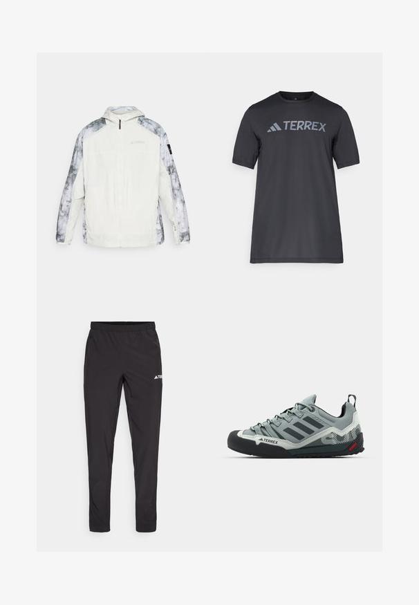 Lightweight white jacket with gray marble-patterned sleeves, front zip closure, adjustable hood, and branded detailing on the chest and sleeve.; Black short-sleeve t-shirt made of lightweight fabric, featuring a light gray “TERREX” logo across the chest and a crew neckline.; Black athletic pants with an elastic waistband, two side zip pockets, and a logo on the upper right leg. Smooth, lightweight fabric.; Gray climbing shoes featuring a textured upper, black rubber toe cap, three dark stripes, and a small red accent on the sole.