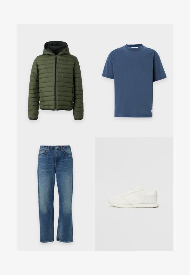 Zaļa polsterēta jaka ar kapuci, ar horizontālu quilted dizainu, priekšējo rāvējslēdzēju un melnu apdari gar piedurknēm un apakšmalu.; Tumši zila kokvilnas T-krekls, īsām piedurknēm, apaļā kakla izgriezums, parasts piegriezums, vienkārša dizaina, ar mazu logotipa birku apakšmalā.; Zilas džinsu bikses ar taisnu piegriezumu, kurām ir klasiska piecu kabatu forma, nolietota tekstūra un varšrievu akcents.; Baltie sporta apavi ar mežģīņu un sintētisko augšdaļu, apaļu purngalu, plakanu mežģīņu un teksturētu sānu joslu. Gumijas zole ar cilpu aizmugurē.