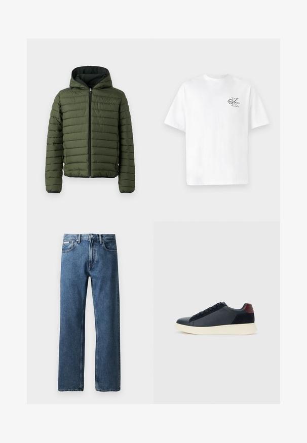 Zelená prešívaná bunda s kapucňou, so zvislým prešívaním, predným zipsom a čiernym lemovaním okolo manžiet a spodného lemu.; Biela bavlnená tričko s krátkymi rukávmi a okrúhlym výstrihom, s čiernym logom CK na ľavej strane hrude, štandardná veľkosť, hladká textúra.; Modré džíny s rovnými nohavicami a vysokým pásom, so zapínaním na gombík a zips, prednými vreckami a malou bielou značkovou nálepkou na pravom vrecku.; Pánske nízkopoložené tenisky z čiernej kože a semisuku s vínovým pätovým pásikom a bielou gumovou podrážkou, zobrazené z vonkajšej strany.