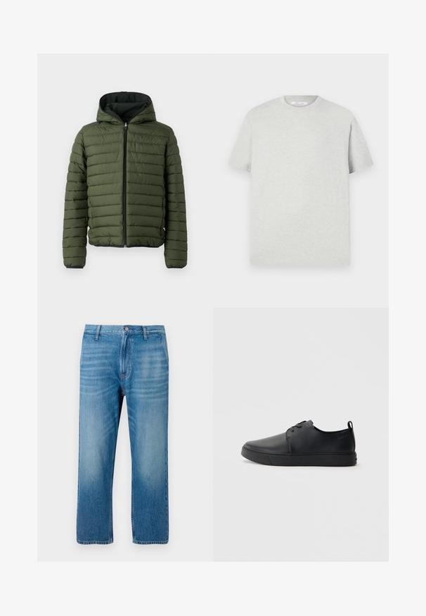 Zelená prešívaná bunda s kapucňou, so zvislým prešívaním, predným zipsom a čiernym lemovaním okolo manžiet a spodného lemu.; Svetlo šedé tričko s krátkym rukávom vyrobené z mäkkého materiálu, s okrúhlym výstrihom a voľným strihom, bez viditeľných vzorov alebo akcentov.; Svetlomodré denimové džínsy so stredným strihom, dizajnom s piatimi vreckami, zapínaním na gombík a jemným vyblednutím na prednej strane. Bez viditeľných vzorov.; Čierne kožené tenisky s hladkým povrchom, zaoblenou špičkou, tonálnym šitím, šnurovaním vpredu a plochou gumovou podrážkou. Obojok na päte.