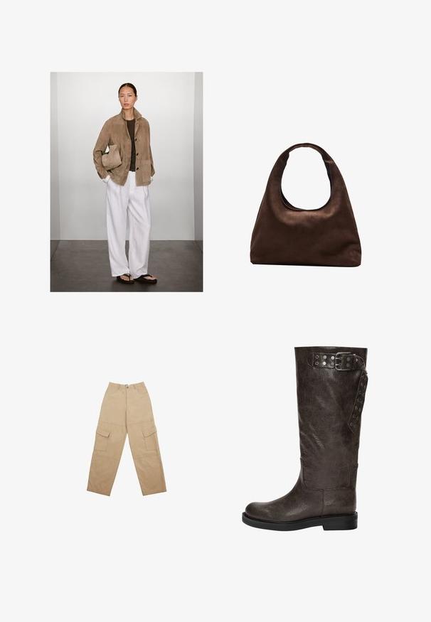 Brun ruskindsjakke med krave, frontknapper og sidelommer, båret over en mørk top og parret med hvide brede bukser og sorte sandaler.; Langærmet ribbet sweater med maroon og creme horisontale striber, rund halsudskæring og tætsiddende design, der giver et struktureret udseende.; Beige cargobukser lavet af stof, med to frontlommer og et afslappet, bredt ben design. Livremmen har en knap og lynlås lukning.; Brune læderknæhøje støvler med en struktureret finish, der har en spændedetalje og trykknapaccents på siden, samt en flad gummisål.; Blød brun hobo-stil håndtaske med en enkelt bred strop og en buet åbning på toppen, vist på en hvid baggrund.