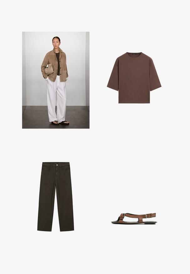 Bordeauxsuèdejas met een kraag, knopen aan de voorkant en zijzakken, gedragen over een donkere top en gecombineerd met witte wijde broek en zwarte sandalen.; Bruine cropped t-shirt met een ronde halslijn, korte mouwen en een zachte textuur. Ontworpen met een losse pasvorm en minimale details.; Donkergroene wijde jeans van een katoenmix, met een sluiting met een voorste knop, vijf zakken en klassieke denimstiksels.; Bruine leren sandaal met een open teen en zijuitsparingen. Voorzien van een enkelband met een metalen gesp en een platte zool.