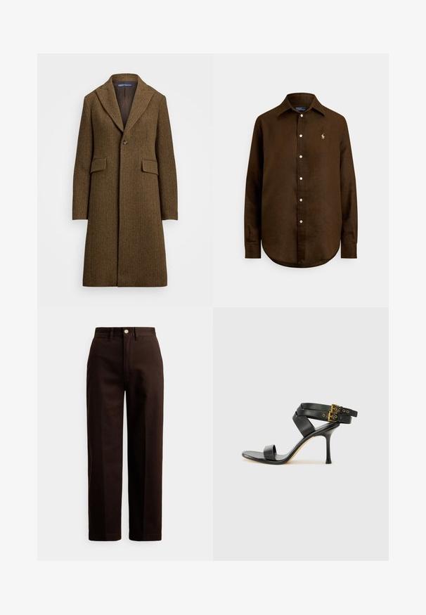 Pruun herringbone musteriga mantel, millel on nurgeline krae, ühe nupuga kinn closure ja kaks esist pocketit. Valmistatud struktuurse villase või sarnase kangaga.; Pruun linane särk, millel on klassikaline krae, pikad varrukad, nööbitav eesmine pool ja vasakul rinnal väike tikitud logo.; Tumedat pruunid sirge lõikega püksid, millel on nööp- ja lukukinnitus, vööaasad ning esimesed taskud, valgel taustal.; Mustad mustand koos ristatud rihmade ja reguleeritava pandlaga. Omab siledat tekstuuri ja kitsenevat stiletto kontsa.