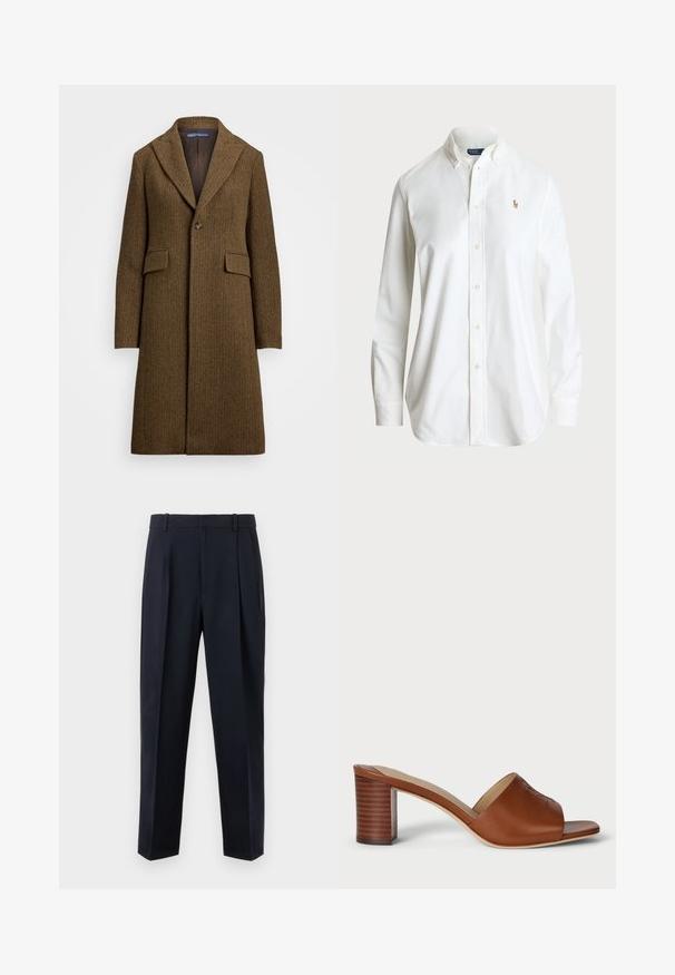 Gabardina marrón de espiga con solapa de pico, cierre de un botón y dos bolsillos delanteros. Fabricada en lana texturizada o tejido similar.; Camisa blanca de botones con cuello clásico, mangas largas y un sutil logo bordado en el pecho. Fabricada con una tela de algodón de calidad.; Pantalones azul marino oscuro a medida con cintura alta, frente plisado, bolsillos laterales y corte de pierna recta. Hechos de una tela suave y ligera.; Mules de cuero marrón con tacón, con una amplia puntera abierta, parte superior curva y un tacón cilíndrico apilado que presenta líneas horizontales.