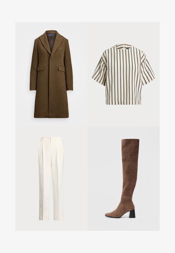 Barna halszálkamintás kabát, váltakozó hajtókával, egy gombos záródással és két elülső zsebbel. Texturált gyapjúból vagy hasonló anyagból készült.; Rövid ujjú, csíkos felső krém és tengerészkék színben, kerek nyakkivágással és dobozos fazonnal, texturált anyagból.; Polo Ralph Lauren HEMP WIDE LEG PANT - Nadrágok - nevis; Barna, lábszárközépig érő csizmák puha velúrból, hegyes orral és vastag fekete sarkával. A design sima varrásokat tartalmaz az elegáns megjelenés érdekében.