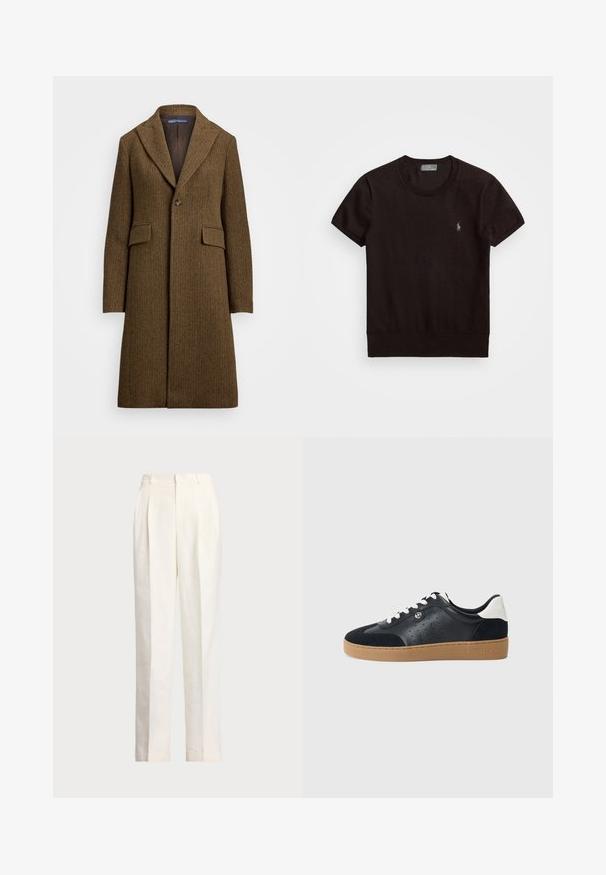 Hnědý kabát v rybí kostce s klopovým límcem, zapínáním na jeden knoflík a dvěma předními kapsami. Vyroben z texturované vlny nebo podobné látky.; Černé tričko s krátkým rukávem vyrobené z jemné látky, které má kulatý výstřih a malé vyšívané logo na levé části hrudi.; Polo Ralph Lauren HEMP WIDE LEG PANT - Kalhoty - nevis; Černé kožené a semišové tenisky s světle hnědou gumovou podrážkou. Obsahují bílé tkaničky a malé perforace po stranách. Přítomné logo Michael Kors.