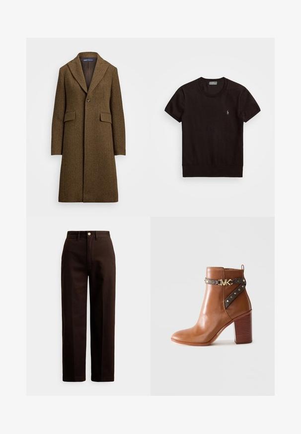 Hnědý kabát v rybí kostce s klopovým límcem, zapínáním na jeden knoflík a dvěma předními kapsami. Vyroben z texturované vlny nebo podobné látky.; Černé tričko s krátkým rukávem vyrobené z jemné látky, které má kulatý výstřih a malé vyšívané logo na levé části hrudi.; Tmavě hnědé kalhoty rovného střihu s knoflíkovým a zipovým zapínáním, poutky na pásek a předními kapsami na bílém pozadí.; Hnědá kožená kotníková bota s blokovým podpatkem, bočním popruhem se zlatými kuličkami a zlatou sponou s logem "MK".