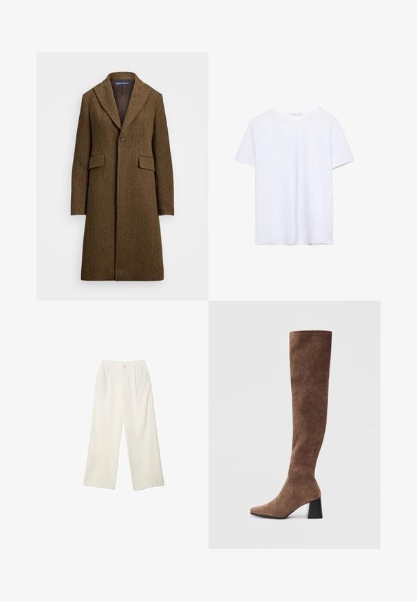 Rjav herringbone plašč z izrezanim ovratnikom, enojnim gumbom in dvema sprednjima žepekoma. Narejen iz teksturirane volne ali podobnega materiala.; Čista bela majica s kratkimi rokavi in okroglim ovratnikom, z ravnim robom, prikazana na beli podlagi.; Hlače širokih nogavic iz kremaste tkanine z gladko teksturo, z enim sprednjim gumbom, diskretnimi plisami in visokim pasom.; Rjave čizme do kolen, izdelane iz mehkega semiša, z ostrim nosom in masivnim črnim peto. Oblikovanje vključuje brezšivno šivanje za eleganten videz.