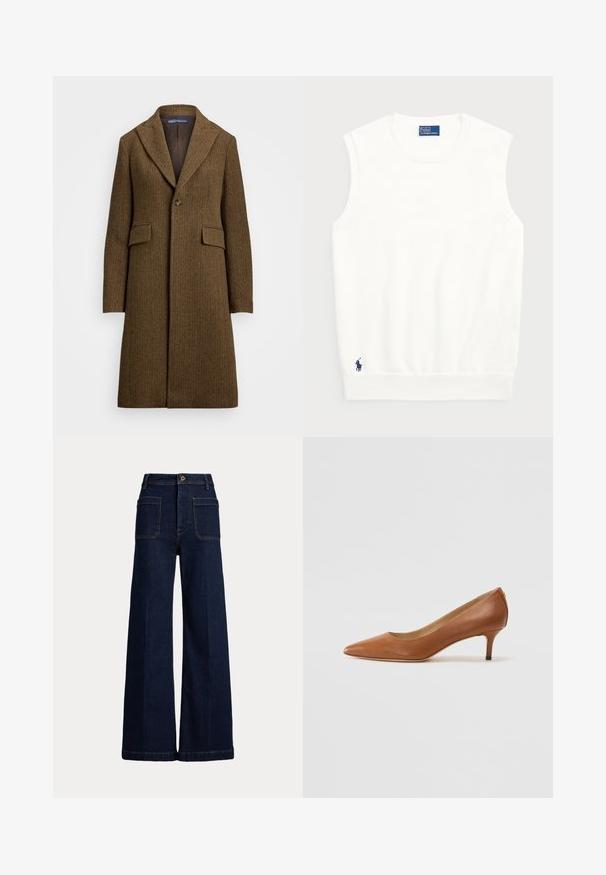 Casaco castanho em padrão espinha de peixe, com lapelas com corte em bico, fecho de um botão e dois bolsos frontais. Fabricado em lã texturizada ou tecido semelhante.; Sweater branco sem mangas, feito de algodão liso, com uma bainha canelada e um pequeno logotipo em navy na parte inferior esquerda. Design simples, sem padrões.; Jeans de ganga escuros de perna larga com uma cintura alta, design de cinco bolsos e costura em contraste. Apresenta um fecho de botão e uma forma estruturada.; Lauren Ralph Lauren ADRIENNE - Saltos clássicos - deep saddle tan
