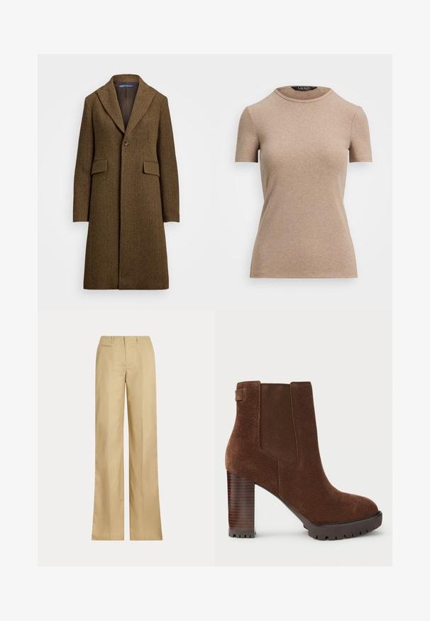 Hnedý kabát v herringbone vzore s výstrihom do "notch", zapínaním na jeden gombík a dvoma prednými vreckami. Vyrobený z textúrovanej vlny alebo podobnej látky.; Lauren Ralph Lauren STRETCH COTTON CREWNECK TEE - Základné tričko - adirondack heather; Béžové nohavice so širokými nohavicami vyrobené z hladkej bavlny, s klasickým pásom a zadnou vreckom, so rovnými strihom a minimálnym zdobením.; Hnedé semišové členkové topánky s elastickými bočnými panelmi, štvorcovou špičkou a masívnym dreveným podpätkom. Textúrovaná podrážka pre lepšiu priľnavosť.