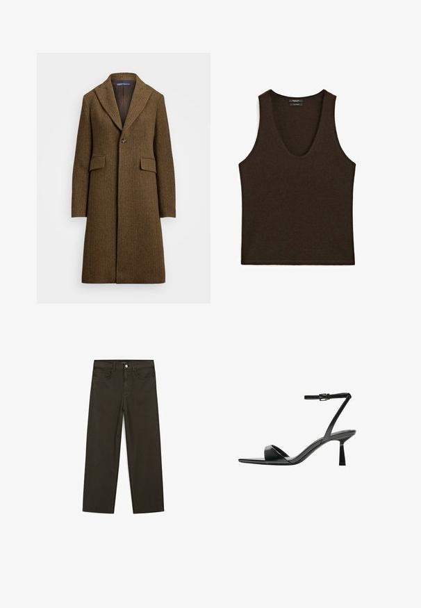 Brun hængebåndsfrakke med spidse klapper, enkelt knaplukning og to forlommer. Fremstillet af tekstureret uld eller lignende stof.; Søløs mørkebrun cashmere tanktop med rund udskæring, laid flat.; Mørkegrønne brede jeans lavet af en bomuldsblanding, med en frontlukning med knap, fem lommer og klassisk denim-syning.; Bershka Højhælede sandaletter / Højhælede sandaler - black