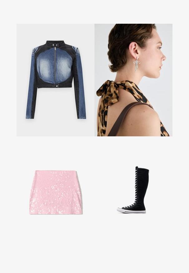 Zkrátená džínová bunda s čiernou hornou časťou a modrými dolnými časťami. Disponuje predným zipsom a cvočkami, má hladkú textúru.; Čierna zamatová mikina na zips s prehnutou kapucňou, prednými vreckami a rebrovanými manžetami. Hladký povrch a jednoduchý dizajn zameraný na pohodlie.; Dve bezrukávové rebrované rolákové topy v hnedej a čiernej farbe, zobrazené na plain bielom pozadí.; Ružová mini sukňa s flitrami a vertikálnou rebrovanou textúrou, s priliehavým strihom a trblietavými flitrami po celom povrchu.; Čierne vysoké tenisky s vysokým dizajnom, vyrobené z plátna. Majú biele šnúrky, švy a gumovú podrážku s ochranným krytom na špičke.; Strieborné náušnice navrhnuté s predĺženými tvarmi a detailom mašle, vystavené na pozadí trička s leopardím vzorom.