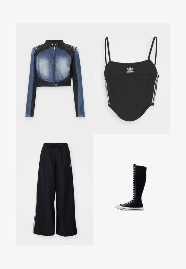 Apgriezta džinsa jaka ar melno augšdaļu un zilo apakšdaļu. Aprīkota ar priekšējo rāvējslēdzēju un spiedpogām, gluda tekstūra.; Melna ribota krūštura blūze ar regulējamām plānām siksnām, kurai sānos ir trīs baltas svītras un centrā neliela baltā Adidas logo.; Melni plataji svārki, kas izgatavoti no viegla auduma. Raksturīga elastīga josta ar auklu un baltām sānu svītrām. Zīmola logo uz gurniem.; Melni augstie sporta apavi ar augstu dizainu, izgatavoti no kanvas. Iezīmēti ar baltiem auklām, diegojumiem un gumijas zoli ar purngalu.