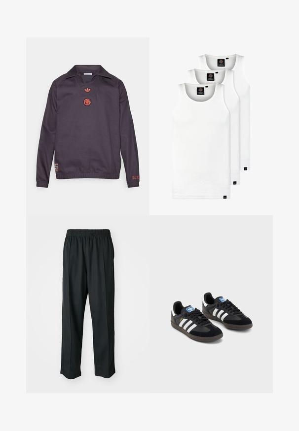 Langermet, mørklilla pullover med krage, rød Adidas-logo og sirkulært emblem på brystet, elastisk midjebånd og en liten lapp nær nederste venstre side.; Tre hvite ribbestrikkede tank topper laget av bomull. Har en rund hals og små svarte etiketter nær kanten. Tilgjengelig i flere størrelser.; Sorte idrettsbukser med elastisk midje, laget av glatt stoff, med subtile sidesømmer og en avslappet passform, rett ben-design.; Svarte sneakers med overdel i semsket lær og syntetisk materiale, med tre hvite striper, strukturert gummisåle og blå logoetikett på tungen.