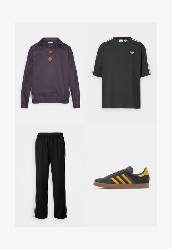 Tamsiai violetinis megztinis ilgomis rankovėmis su apykakle, raudonu Adidas logotipu ir apskritu emblemų krūtinės srityje, elastine liemens juosta ir nedideliu lopu šalia apatinės kairės pusės.; Juoda medvilninė trumpų rankovių marškinėliai su apvalia apykakle ir trimis baltomis juostelėmis ant pečių. Priekyje yra mažas baltas logotipas.; Juodi sportiniai keliai su elastingu juosmeniu, su baltais šonais ir mažu logotipu. Atrodo, kad medžiaga yra minkšta ir lengva.; Juodas zomšinės sportbačiai su geltonais akcentais, turintys tris juosteles ir rudą gumos padą. Apima paminkštintą liežuvėlį patogumui.