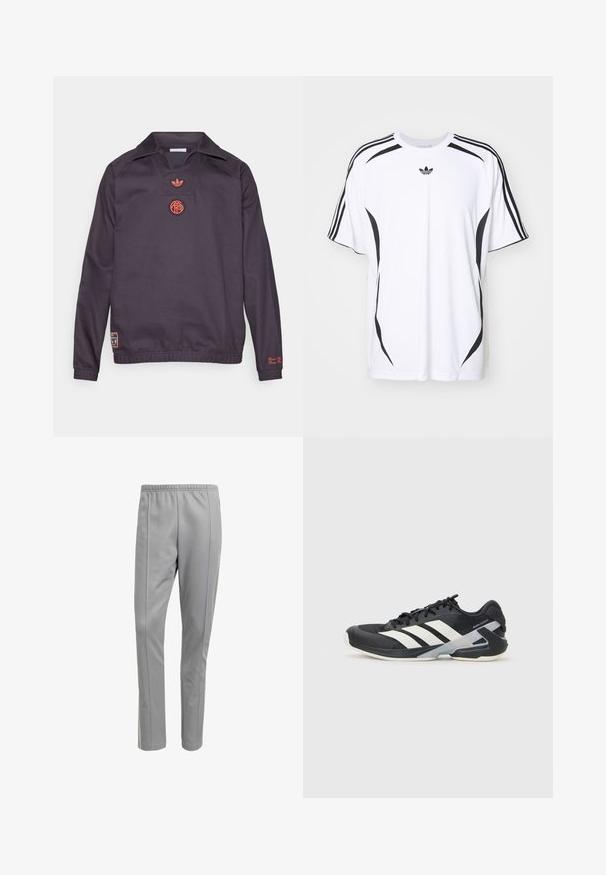 Μακρυμάνικο μπλουζάκι σε σκούρο μωβ χρώμα με γιακά, κόκκινο λογότυπο Adidas και κυκλικό έμβλημα στο στήθος, ελαστική μέση και μικρό ταμπελάκι κοντά στο κάτω μέρος αριστερά.; Λευκό κοντομάνικο μπλουζάκι με μαύρες πλαϊνές λεπτομέρειες και τρεις μαύρες ρίγες στους ώμους. Περιλαμβάνει μικρό μαύρο λογότυπο στο στήθος.; Γκρι αθλητικά παντελόνια με ελαστική μέση, που διαθέτουν ίσια πόδια και πλευρικές ραφές για έναν κομψό σχεδιασμό. Λείος, ελαφρύς ύφασμα.; Μαύρο αθλητικό παπούτσι με άσπρες ρίγες, διχτυωτό πάνω μέρος, στρογγυλή μύτη και μαλακή σόλα. Διαθέτει υφή στη φτέρνα και ασφαλές σύστημα κορδονιών.