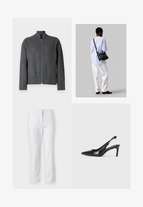 Pilkas bombonešis su aukštu apykakle, priekiniu užtrauktuku, elastingu juosmeniu ir šoninėmis kišenėmis, pagamintas iš tekstūruotos medžiagos.; Balta medvilninė marškinėliai trumpomis rankovėmis, su apvalia iškirpte ir laisvu siluetu. Lygi tekstūra, be raštų ar akcentų, minimalistinis dizainas.; Balti medvilniniai kelnių su tiesiu kojų dizainu, turintys vidutinį liemenį ir be matomų detalių ar raštų. Lygi tekstūra visame paviršiuje.; Juodos odinės slingback aukštakulniai batai su smailiu pirštu, lygiu paviršiumi ir siaura kulkšnies juosta su auksiniais akcentais.; Juodas odinis petinis krepšys su minkšta tekstūra, trikampiu pavidalu ir reguliuojama juosta, derinamas su šviesiai mėlynu dryžuotu marškinėliu ir baltais džinsais.