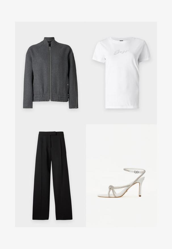 Gray bomber jacket with a high collar, front zipper, elastic waistband, and side pockets made of textured fabric.; White cotton t-shirt featuring a round neckline and short sleeves, embellished with silver rhinestones forming the word "Boys" on the front.; Black wide-leg trousers with a smooth texture, featuring a flat front and tailored waistband. Simple design without visible hardware or patterns.; White high-heeled sandal with a textured strap featuring rhinestones, open toe design, and ankle strap with adjustable buckle.