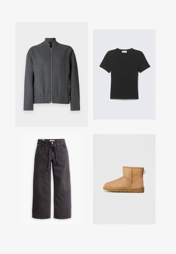 Grå bomberjakke med høj krave, frontlynlås, elastisk talje og sidelommer lavet af tekstureret stof.; Sort T-shirt med korte ærmer lavet af blød bomuld, med rund halsudskæring og almindelig pasform, uden synlige mønstre eller detaljer.; Sorte vide ben jeans lavet af denim, med snørre i taljen, fem lommer og detaljer med kontrastsyninger. Flad frontdesign.; Brune suede ankelstøvle med rund tå, stikninger, en pull tab bagpå og en tekstureret gummisål. Designet til komfort og varme.