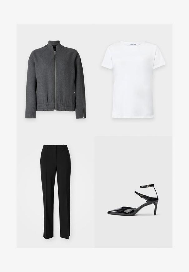 Grå bomberjakke med høj krave, frontlynlås, elastisk talje og sidelommer lavet af tekstureret stof.; Hvid kortærmet t-shirt lavet af bomuld med rund hals. Glat tekstur og lige snit, ingen mønstre eller detaljer.; Sorte skræddersyede bukser med lige ben-design, der har en glat tekstur og skarpe folder langs fronten. Ingen synlige hardware.; Sorte laklæderhæle med spids tå, justerbare ankelstropper og en slank hæl. Glat tekstur med en skinnende finish.