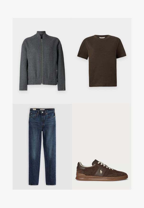 Szürke bomberdzseki magas gallérral, elülső cipzárral, rugalmas derékrésszel és oldalsó zsebekkel, texturált anyagból.; Sötétbarna pamut póló kerek nyakkivágással, rövid ujjakkal és laza fazonnal. Egyszerű dizájn, látható minták vagy kiegészítők nélkül.; Sötétkék egyenes szárú farmernadrág öt zsebbel, gombos és cipzáros záródással, valamint kontrasztos varrással.; Barna velúr tornacipők textúrált panelek, fehér fűzők és arany logó. Gumi talppal és párnázott nyakkal a kényelem érdekében.