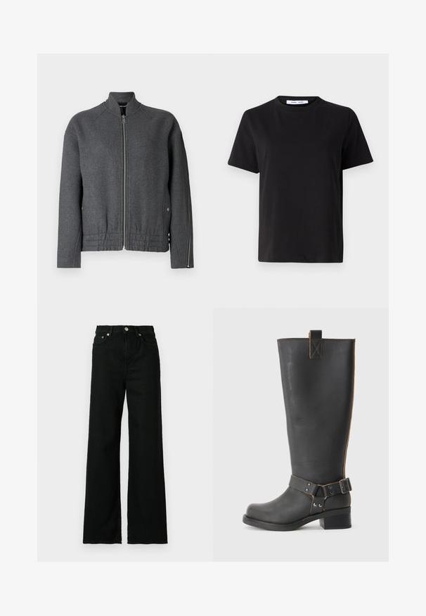 Giacca bomber grigia con colletto alto, zip frontale, vita elasticizzata e tasche laterali realizzate in tessuto texturizzato.; T-shirt nero a maniche corte realizzato in morbido cotone, con scollatura rotonda, vestibilità rilassata e una superficie liscia. Nessun motivo o grafica visibile.; Jeans in denim nero con vita alta, taglio ampio, dotati di chiusura frontale con bottone e zip, e classico design a cinque tasche.; Stivale nero in pelle alta fino al ginocchio con finitura texturizzata, caratterizzato da un'accento a fibbia laterale e un tacco basso. Cuciture dettagliate lungo le cuciture.