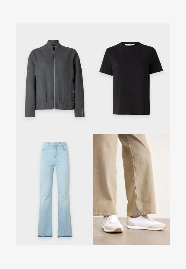 Grijze bomberjack met een hoge kraag, voorkant met rits, elastische tailleband en zijzakken, gemaakt van textuurstof.; Zwart T-shirt met korte mouwen, gemaakt van zachte katoen, met een ronde hals, een ontspannen pasvorm en een gladde textuur. Geen zichtbare patronen of opdrukken.; Lichtblauwe klokbroeken van denim, met een hoge taille, voorzakken en een ruwe zoom bij de boorden voor een casual uitstraling.; Witte sneakers met een beige suède accent, een platte vetersluiting en een rubberen zool, gecombineerd met lichtbeige rechtoe jeans.