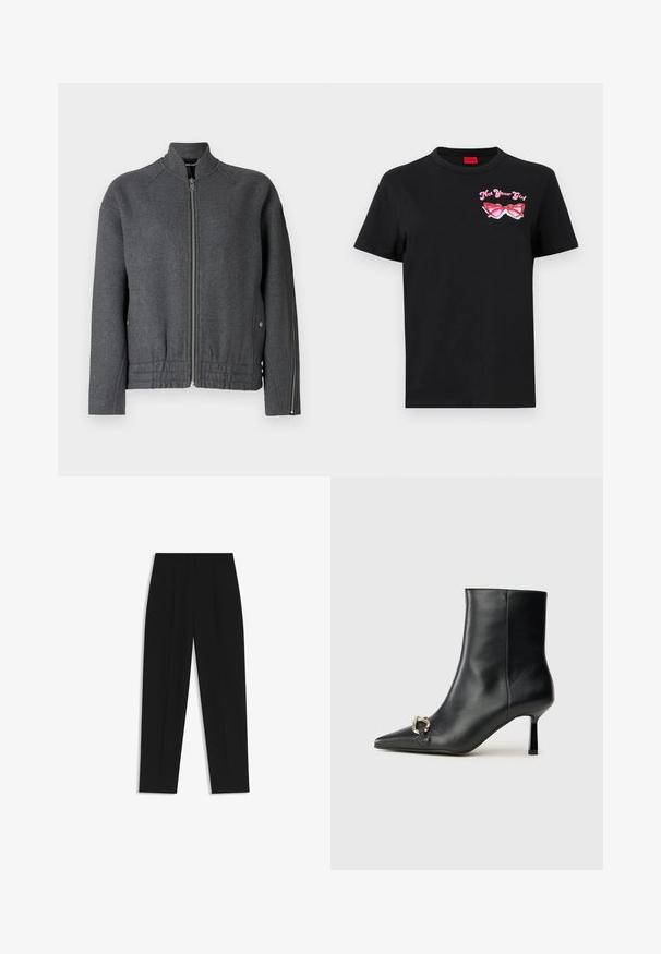 Gray bomber jacket with a high collar, front zipper, elastic waistband, and side pockets made of textured fabric.; Black cotton t-shirt with short sleeves featuring a pink graphic of sunglasses and text "Not Your Girl" on the left chest area.; Black trousers with a straight fit, featuring double pleats, a smooth texture, and a classic waistband design. No visible hardware or accents.; Black leather ankle boot with pointed toe, slim mid-height heel, and silver buckle detail on side against plain background.