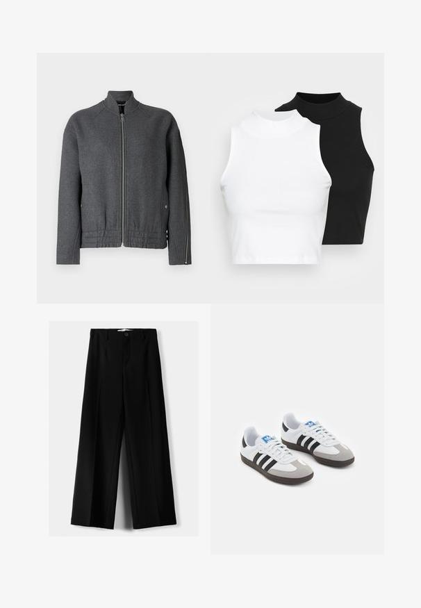 Szara kurtka bombowca z wysokim kołnierzem, z przodu na zamek błyskawiczny, elastycznym paskiem w talii oraz bocznymi kieszeniami, wykonana z teksturowanej tkaniny.; Dwa bezrękawnikowe golfy w kolorze czarnym i białym, charakteryzujące się dopasowanym fasonem i gładką teksturą, o skróconej długości.; Czarne spodnie szerokie, wykonane z lekkiego materiału, z zapięciem na guzik z przodu i gładkim przodem, z starannie wykończonymi brzegami.; Buty sportowe z białą skórzaną cholewką, szarym zamszowym noskiem i trzema czarnymi paskami. Posiadają niebieskie logo na języku oraz teksturowaną gumową podeszwę.