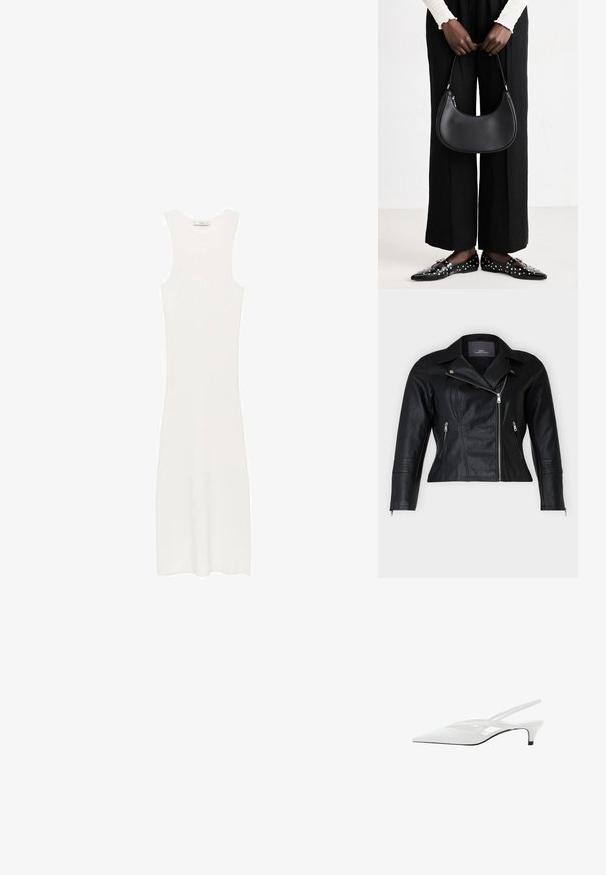 Giacca da motociclista in pelle nera con taglio aderente, rever a punta, due tasche frontali con zip e dettagli testurizzati sulle spalle.; Abito bianco senza maniche, in maglia a costine e con silhouette aderente, che arriva sotto il ginocchio. Design semplice e minimalista, privo di motivi o accessori.; Décolleté bianco con punta affilata, caratterizzato da una tomaia liscia, sottili aperture e un tacco a blocco basso. La suola nera esalta il design.; Borsa a spalla in pelle nera con forma arrotondata, finitura lucida e accessori in argento. Persona che indossa pantaloni ampi neri e mocassini con borchie.