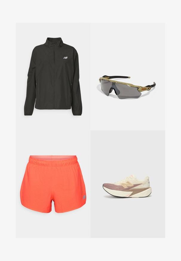 Black lightweight zip-up jacket with stand collar, elastic cuffs, side pockets, and small white New Balance logo on the chest.; White cotton t-shirt with short sleeves, rounded neckline, relaxed fit, worn with green shorts. Smooth texture, no visible patterns or accents.; Men's running shorts in bright coral, made of breathable fabric with perforated texture. Features an elastic waistband and a blue logo accent.; Running shoe with a cream upper, pink accents, and gray details. Features a thick sole with a textured surface and prominent logo.; Sport sunglasses with a green patterned frame, black arms, and gray lenses. The design features a wraparound style with a bold, sporty shape.