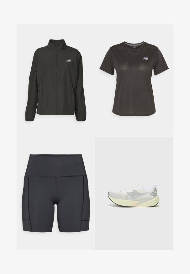 Black lightweight zip-up jacket with stand collar, elastic cuffs, side pockets, and small white New Balance logo on the chest.; Black athletic t-shirt with short sleeves, made from lightweight fabric. Features a subtle textured pattern and a small white logo on the chest.; Black high-waisted shorts made of stretchy fabric, featuring side pockets, flat seams, and a smooth texture for comfort during activities.; Lightweight running shoe with a grey and white mesh upper, a prominent 'N' logo, and a yellow midsole with angled accents. Black outsole.