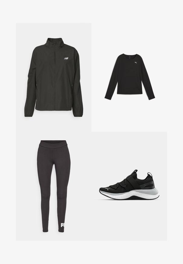 Sort letvægts zip-jakke med stående krave, elastiske manchetter, sidelommer og lille hvidt New Balance-logo på brystet.; Sort langærmet træningstop lavet af glat stof, med rund halsudskæring, Puma-logo i hvid og diskret perforering på siderne.; Sorte leggings lavet af strækbart stof, med en høj talje og et hvidt logo trykt på den nederste venstre ben. Glat tekstur.; Sort atletiksko med en struktureret overdel, elastiske stropper og en tyk hvid mellemsål. Har en grå accent langs sålen.