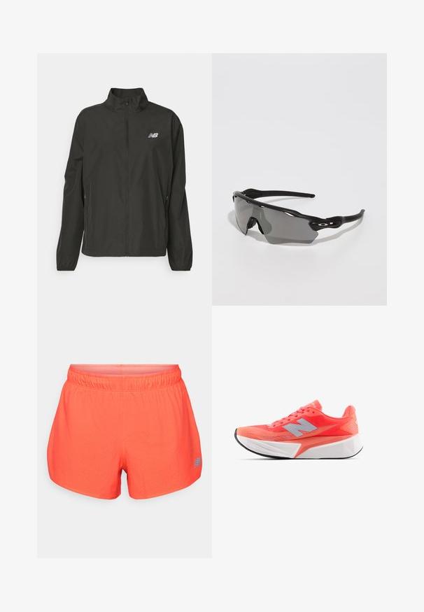 Sort letvægts zip-jakke med stående krave, elastiske manchetter, sidelommer og lille hvidt New Balance-logo på brystet.; Lyserød atletisk tanktop med scoop-halsudskæring, racerback-design og ventileringshuller. Har et lille reflekterende logo på fronten.; Herre løbeshorts i lys koral, lavet af åndbart stof med perforeret tekstur. Har en elastisk talje og en blå logoaccent.; Letvægt løbesko i lys koralfarve med meshnederdel og sølvlogo. Markant tekstureret hvid mellemsål og sort gummiydersål.; Sorte sports solbriller med et slankt design, indpakkende linse, gråt tonet glas og teksturerede sorte templer. Ingen synlige logoer.