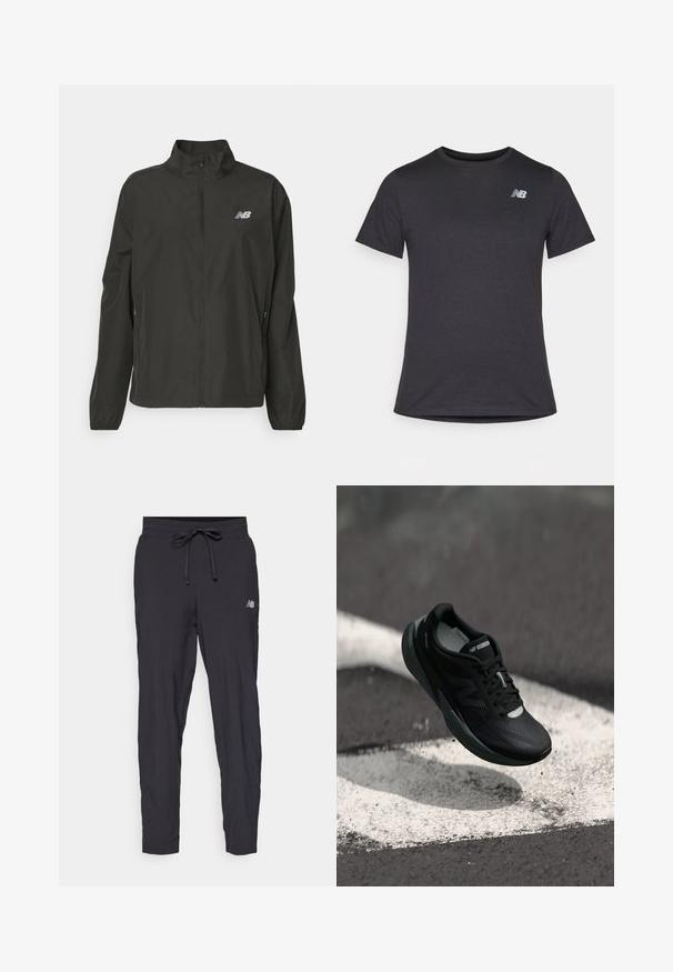 Black lightweight zip-up jacket with stand collar, elastic cuffs, side pockets, and small white New Balance logo on the chest.; Black short-sleeve t-shirt made of soft fabric, featuring a small gray New Balance logo on the upper left chest, classic crew neck design.; Black track pants made of lightweight material with an elastic waistband and adjustable drawstring. Features a small logo on the side.; Black running shoe with a textured upper, sleek design, and reflective accents. Features a soft, cushioned sole for comfort.