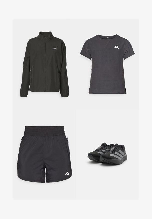 Jachetă ușoară neagră cu fermoar, guler înalt, manșete elastice, buzunare laterale și un mic logo alb New Balance pe piept.; Tricou athletic cu mânecă scurtă, gri închis, cu textură perforată. Prezentă un logo alb și dungi contrastante pe laterale. Guler rotunjit.; Șorturi atletice negre, cu talie elastică, buzunare laterale și accente albe pe laterale. Fabricate dintr-un material ușor.; O pereche de pantofi de alergare Adidas Adizero negri cu dungi gri, talpă groasă și șireturi, pe un fundal alb.