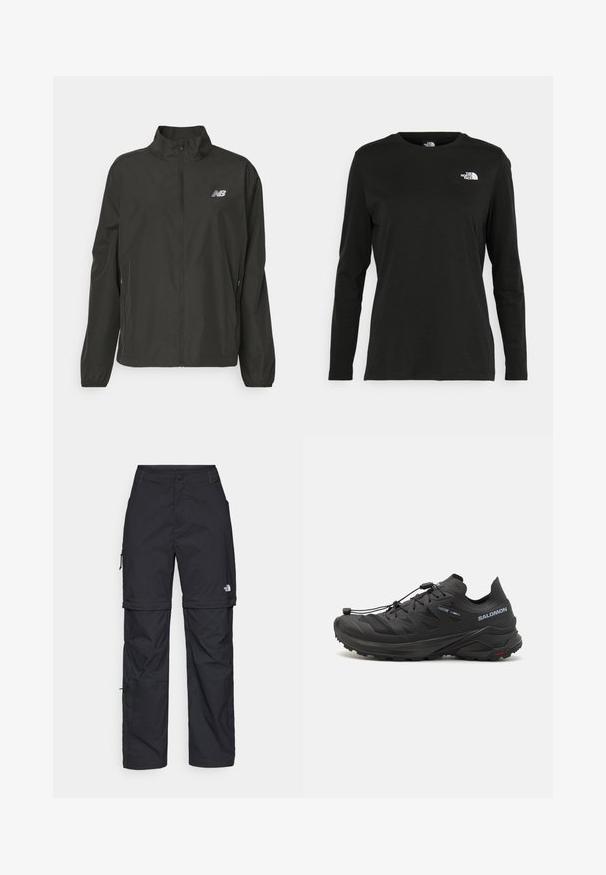 Veste noire légère zippée avec col montant, poignets élastiques, poches latérales et petit logo New Balance blanc sur la poitrine.; T-shirt noir à manches longues en coton avec un col rond. Présente un petit logo blanc sur la partie gauche de la poitrine. Design et coupe simples.; Pantalons cargo en nylon noir, à zip amovible, avec chevilles ajustables, plusieurs poches et un logo sur la jambe droite. Texture lisse et légère.; Chaussures de trail running noires avec une tige texturée, des panneaux en maille et un système de fixation sécurisé. Présentent une semelle extérieure robuste pour une meilleure traction.