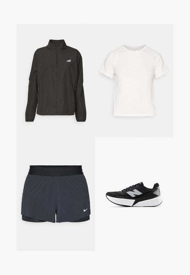 Zwarte lichtgewicht jack met ritssluiting en staande kraag, elastische manchetten, zijzakken en klein wit New Balance-logo op de borst.; Lichtgewicht wit T-shirt met korte mouwen, ronde hals en een klein logo in de linkerbovenhoek. Glad stof met een subtiele glans.; Zwarte sportshorts met een elastische tailleband, met een gelaagd ontwerp en een klein wit Nike-logo aan de onderkant links. Lichtgewicht materiaal.; Zwart-witte New Balance hardloopschoen met een dikke zool, bovenwerk van mesh en het "N"-logo aan de zijkant, bekeken vanaf de buitenzijde.