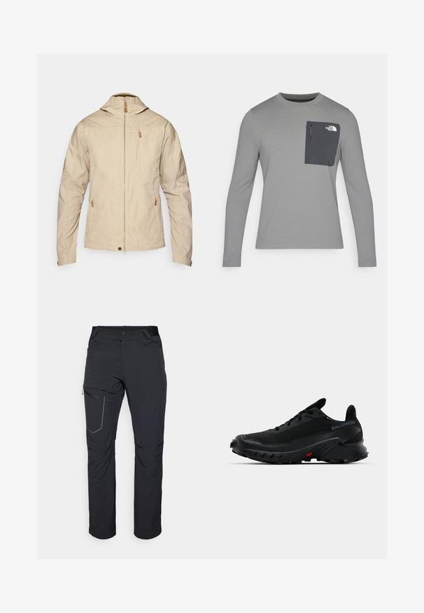 Veste légère beige avec un col montant, fermeture éclair à l'avant et deux poches zippées. Tissu lisse avec un minimum de détails de couture.; Chemise à manches longues grise en tissu texturé, dotée d'une poche poitrine gris foncé et d'une fermeture éclair. Logo blanc sur la poche.; Pantalon d'extérieur noir avec poche sur la cuisse zippée, taille élastique et tissu lisse, résistant à l'eau. Design épuré sans logos visibles.; Baskets de sport noires avec un dessus texturé, un bout arrondi et une semelle en caoutchouc proéminente. Présente un logo sur le côté et des détails rouges sur la semelle.