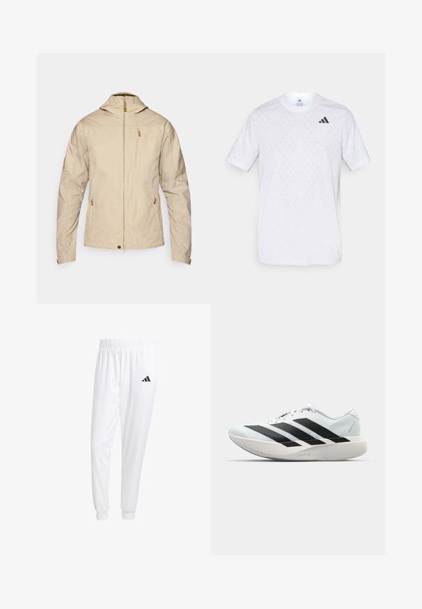 Chaqueta ligera beige con un alto cuello, cierre frontal y dos bolsillos con cremallera. Tejido suave con un detalle de costura mínimo.; Camiseta de manga corta blanca con un sutil patrón de diamantes, fabricada en tejido ligero, con un logotipo de adidas negro en el pecho.; Pantalones deportivos blancos de tela suave, con cinturilla elástica y puños ajustados, y un logo negro en el bolsillo trasero.; Zapatillas de running ligeras en azul pálido con rayas negras. Presentan una parte superior suave, puntera redonda y una gruesa mediasuela blanca etiquetada como "LIGHTSTRIKE PRO".