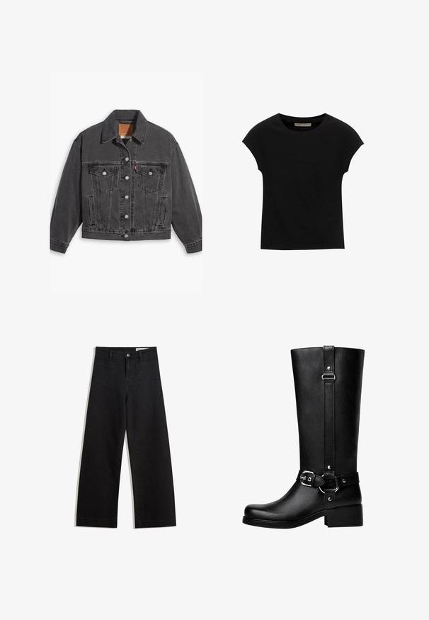 Črna jeans jakna s ovratnikom, z gumbastim zapiranjem, dvema prsnih žepoma in rahlo obrabljenim izgledom. Klasičen dizajn z prilagojeno silhueto.; Črna kratka majica s kratkimi rokavi, narejena iz mehke tkanine, z okroglim izrezom in sproščenim krojem, z gladko teksturo in brez vzorcev.; Črne široke denim hlače z visokim pasom, ki imajo sprednje in zadnje žepe, šivane šive ter gumbasto zapiranje. Gladka tekstura.; Visoke črne škornje iz umetnega usnja z zaobljenim nosom, poudarjenim detajlom pasovine in debelim peto. Gladka tekstura in vertikalni šiv na šktrbici.