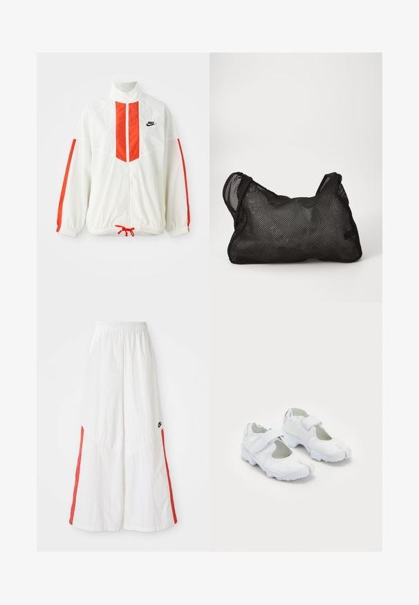 Bela vetrovka s rdečimi navpičnimi črtami in vrvico na dnu. Ima stoječ ovratnik in sprednji zadrgo. Nike logo na prsih.; Svetlo roza srajca z navpičnimi maroon črtami, dolgimi rokavi, gumbnim zapenjanjem spredaj in klasičnim ovratnikom. Gladko blago in prilegajoča zasnova.; Bele široke hlače z elastičnim pasom, z rdečimi stranskimi profilnimi črtami in majhnim črnim logotipom na levi strani. Teksturovano blago.; Bela športna obutev z teksturiranim zgornjim delom, nastavljivim Velcro trakom, zaobljenim prstom in masivnim podplatom z izrazitim profilom.; Črna mrežasta torba z mehkobno, teksturirano površino in zaobljeno obliko. Ima dve ročaji in prostoren notranji prostor. Lahka in zračna zasnova.
