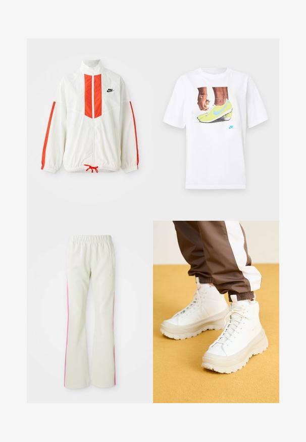 Jacke corta branca com riscas verticais vermelhas e cordão na barra. Apresenta um colarinho de pé e fecho éclair à frente. Logótipo da Nike no peito.; T-shirt branco de algodão com uma gráfica de pés em chuteiras Nike amarelas com detalhes azuis, combinado com uma pulseira no pulso esquerdo.; Calças bege claras com uma cintura elástica, apresentando painéis laterais cor-de-rosa e bolsos laterais. Textura suave com um design de perna reta.; Ténis brancos de cano alto com uma sola grossa e texturizada, apresentando um cabedal liso, bico redondo e atacadores tonalizados, sobre um fundo amarelo.
