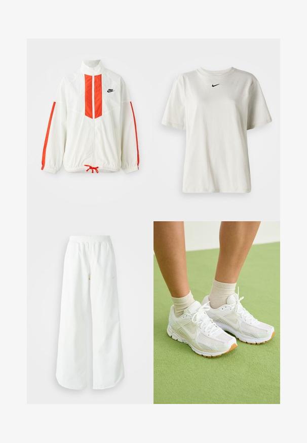 Balta vējjakas ar sarkaniem vertikāliem svītrām un auklas apakšmalu. Ietver augstu apkakli un priekšējo rāvējslēdzēju. Nike logo uz krūtīm.; Balts kokvilnas T-krekls ar apaļu kakla izgriezumu un īsām piedurknēm. Uz krūtīm ir neliels melns Nike logo. Vienkāršs un bez rotājumiem dizains.; Baltas, platais sporta bikses ar ribotu jostasvītru un smalku logotipa detaļu. Gluda auduma ar brīvu piegriezumu un sašaurinātu apakšdaļu.; Baltas sporta apavi ar acu tīkliņu, gumijas zoles un akcentējošām bēšām detaļām. Valkāti ar gaišām zeķēm uz zaļas virsmas.