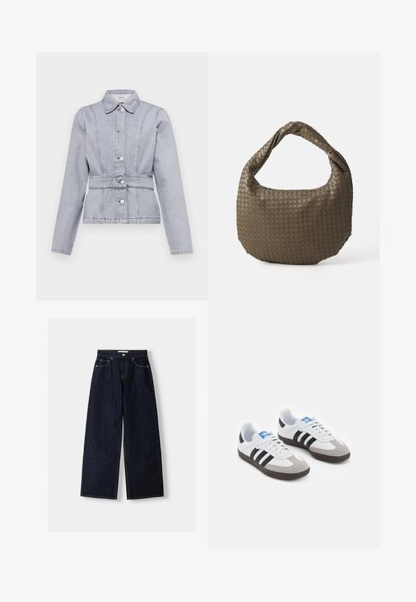 Svetlo šedá denimová bunda s golierom, patentkami, priliehavým pásom a jemnými detailmi šitia. Dlhé rukávy so štruktúrovaným dizajnom.; Svetlo modrá košeľa s dlhým rukávom, s golierom na gombíky, jednou náprsné vrecko a voľným strihom. Hladká textúra látky a klasický dizajn.; Tmavomodré denimové nohavice s širokými nohavicami a vysokým pásom, s piatimi vreckami, kontrastným prešívaním a striebornými kovovými doplnkami. Hladká textúra a čisté prevedenie.; Športové topánky s bielym koženým zvrškom, šedou semišovou špičkou a tromi čiernymi pruhmi. Obsahujú modré logo na jazyku a štruktúrovanú gumovú podrážku.; Tkaná olivovo zelená kabelka s zaobleným tvarom a skrútenou rúčkou. Textúrovaný povrch má diagonálny vzor. Zipsové zapínanie.