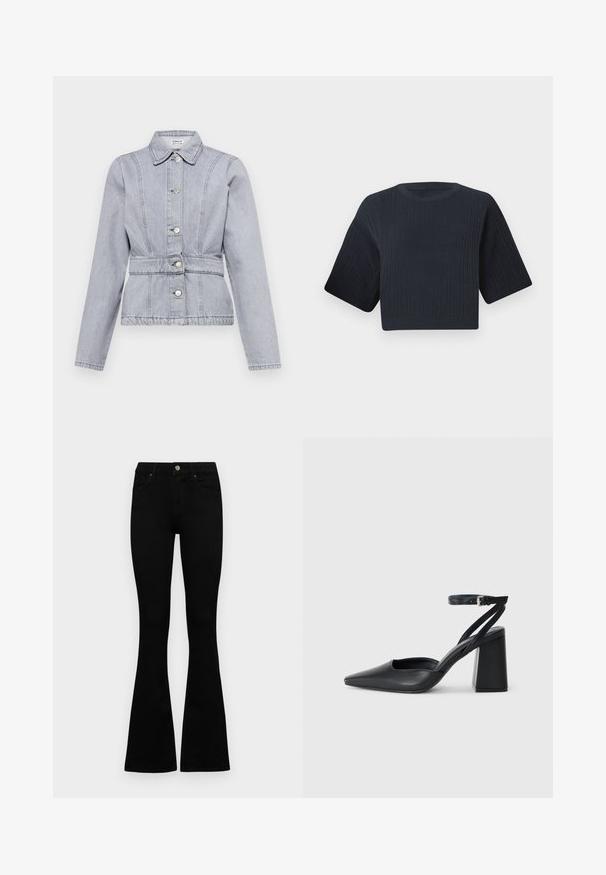 Jaqueta de ganga cinza claro com colarinho, botões de pressão, cintura ajustada e detalhes de costura subtil. Mangas longas com um design estruturado.; Suéter de malha cropped em azul marinho escuro com textura canelada, mangas curtas largas e decote redondo. Design simples, sem padrões ou acentos visíveis.; Jeans pretos de cintura alta com fecho de botão e zíper, bolsos frontais e pernas largas dispostos em cima de um fundo branco.; Sandal com biqueira afilada em couro preto, com cinta no tornozelo e salto grosso. Textura lisa, design elegante e estética minimalista.