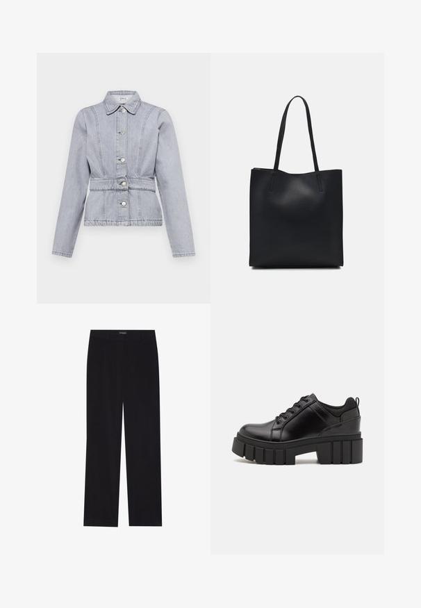 Jaqueta de ganga cinza claro com colarinho, botões de pressão, cintura ajustada e detalhes de costura subtil. Mangas longas com um design estruturado.; T-shirt de algodão preto com mangas curtas, apresentando um pequeno gráfico de borboleta rosa no lado esquerdo do peito. Design de gola redonda com um corte solto.; Calças de veludo cotelê pretas com corte reto, apresentando uma cintura lisa e sem bolsos visíveis, textura suave e detalhe de riscas verticais.; Sapatos de plataforma em couro preto com um salto bloco robusto, bico redondo e design clássico de atacadores. Apresentam uma textura suave e detalhes mínimos.; Bolsa tote preta em couro com textura lisa, forma retangular e duas alças longas. Sem hardware ou enfeites visíveis.