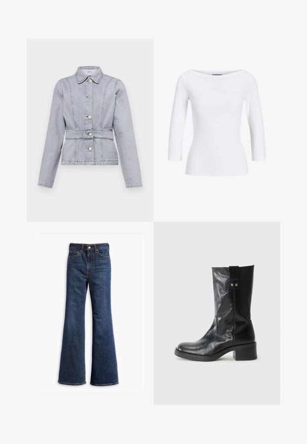 Gai pelēks džinsis jaka ar apkakli, pogām ar sprādzēm, pieguļošu jostu un smalkiem izšuvumiem. Garas piedurknes ar strukturētu dizainu.; Balta ribota garām piedurknēm augšdaļa ar laivu izgriezumu. Audums ir gluds, cieši pieguļošs, un tam ir kārtīga apdare pie piedurkņu un apakšmalas.; Augstas jostas tumši zili džinsi ar zvīņveida kājām, priekšējo pogu un rāvējslēdzēju, kā arī piecu kabatu dizainu.; Melnas ādas potītes zābaki ar noapaļotu purngalu, pieticīgu kaudzes papēdi un dekoratīvu sānu cilpu. Materiāls ir gluds ar spīdīgu apdari.